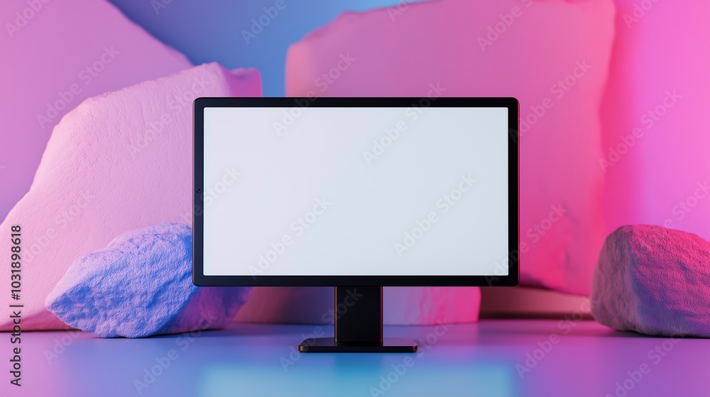 Poster computer monitor mockup against glaciers. modern digital technology empty display template advertisi