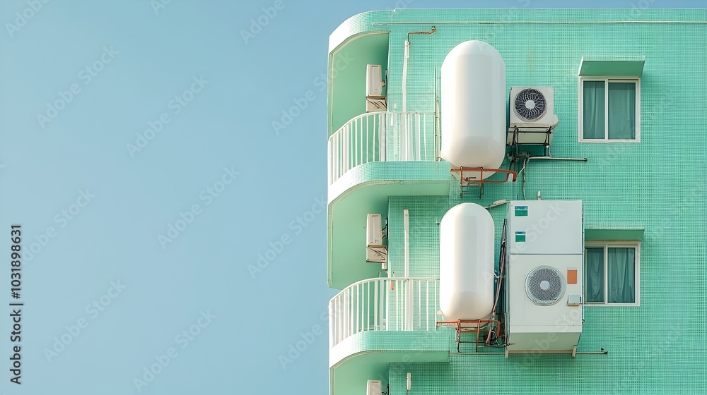 Aufkleber high rise apartment building with rooftop water storage tanks installed within a protective shelter 