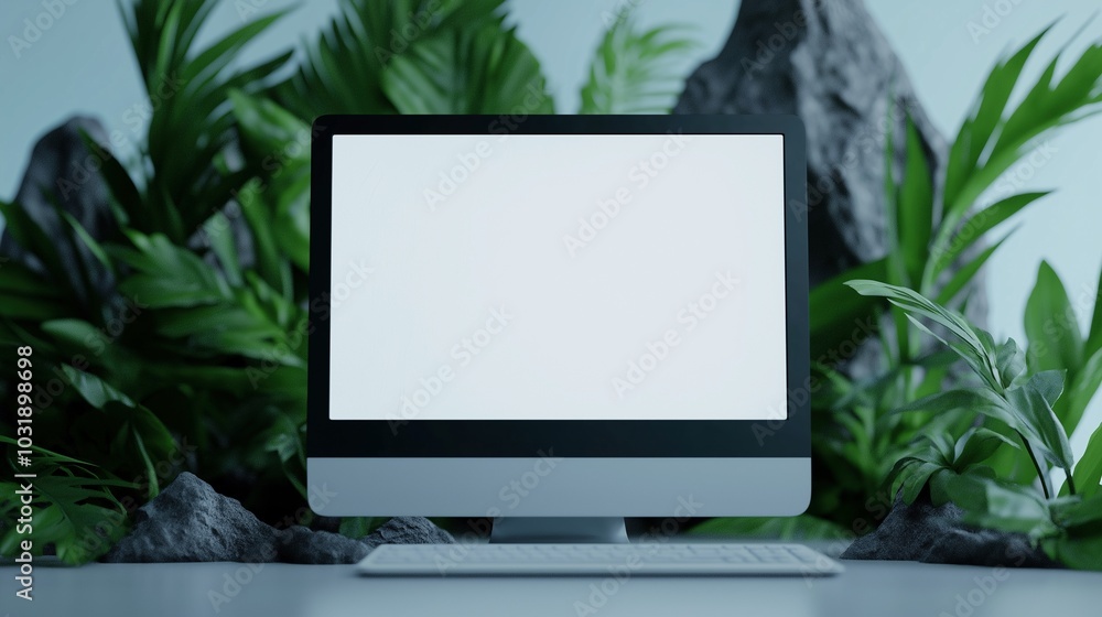 Poster monitor mockup with rocks and tropical leaves. office electronics in jungles setting template advert