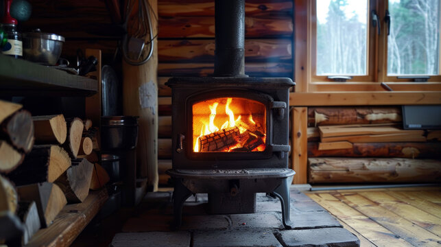 log burner with a fire burning in the wooden cabin in the forest