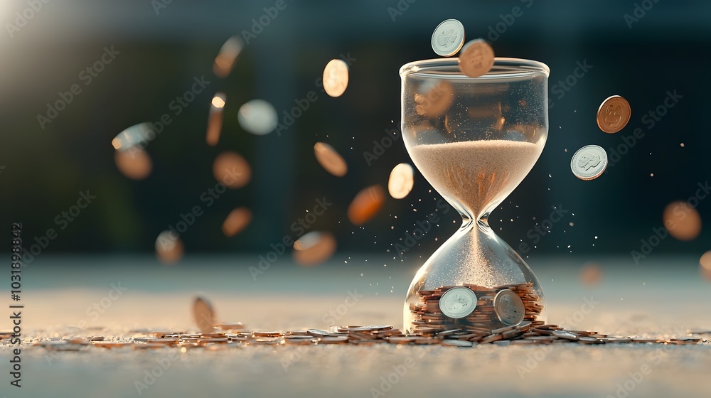 Poster hourglass with coins flowing instead of sand representing the concept of time and money management f