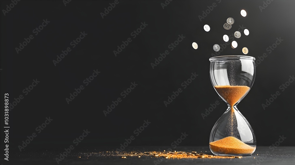 Poster Hourglass with Coins Flowing Instead of Sand Symbolizing the Relationship Between Time and Money Representing the Concept of Financial Management Investment and Wealth Building