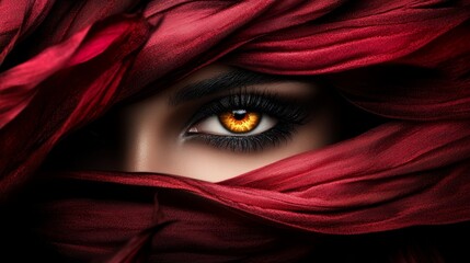  A woman's closed eye, covered by a red cloth, with her head also concealed under the same colored fabric