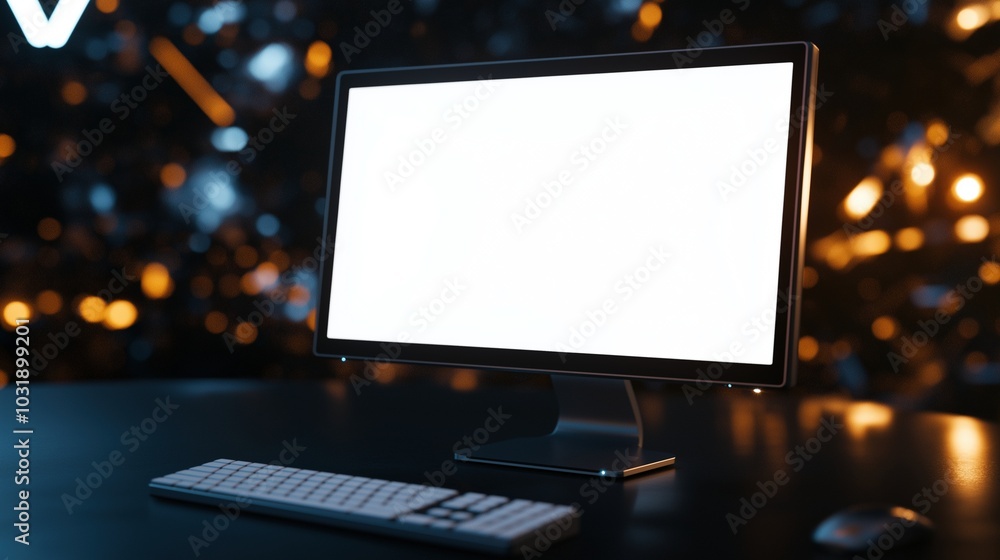 Aufkleber monitor mockup in night office setting. corporate working environment with pc in evening template ad