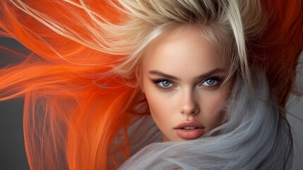 Fototapeta premium A woman with orange-white hair poses for a photo, gaze on camera, wind rustling through her hair