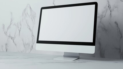 Fototapeta premium Simple office workplace with computer monitor mockup. Pc display template near white marble wall advertising image. Minimalist design with screen mock up product photorealistic