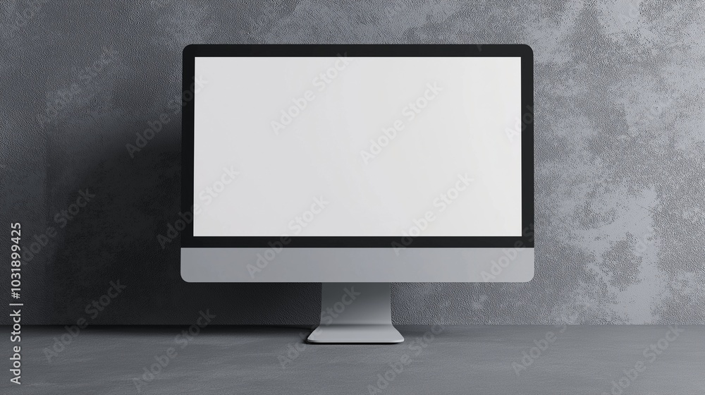 Poster monitor mockup standing by grey concrete wall. modern computer equipment with display template adver