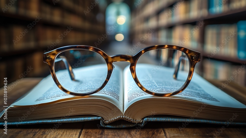 Poster closeup view of an open textbook with a pair of reading glasses placed beside it set on a rustic woo