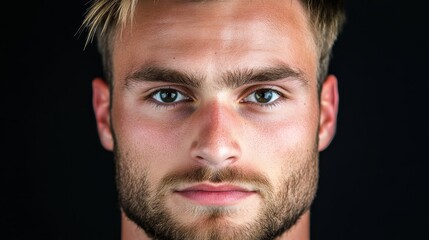 Obraz premium A man with a beard and blue eyes gazes intently into the camera lens, conveying a serious expression