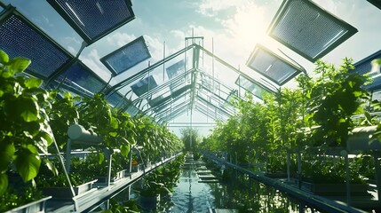 Futuristic Greenhouse with Solar Glass Capturing Sunlight for Renewable Energy