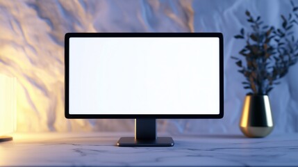Fototapeta premium Monitor mockup with branches bouquet in dimmed light. Home office with pc in cute niche template advertising image. Computer display mock up composition product photorealistic