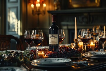 A beautifully arranged dining table with elegant wine and glassware. It creates a warm and inviting atmosphere. Perfect for celebrations or gatherings. Generative AI
