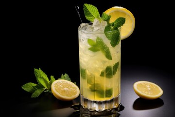 Refreshing Mojito Cocktail with Mint and Lemon on Black Background