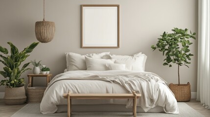 Cozy Bedroom Interior with Neutral Tones and Green Plants