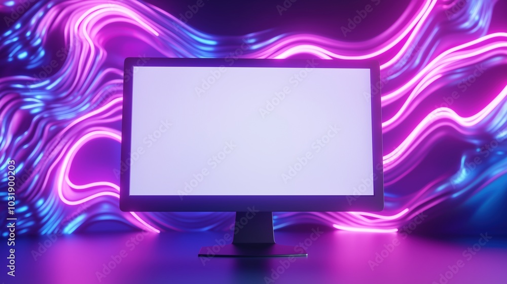 Aufkleber gaming pc display mockup on abstract neon backdrop. cybersport computer with blank screen in futuris