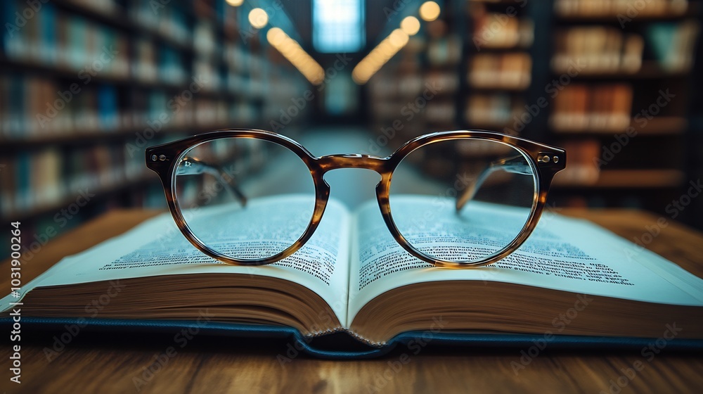 Poster closeup view of an open textbook with a pair of reading glasses placed beside it set on a rustic woo