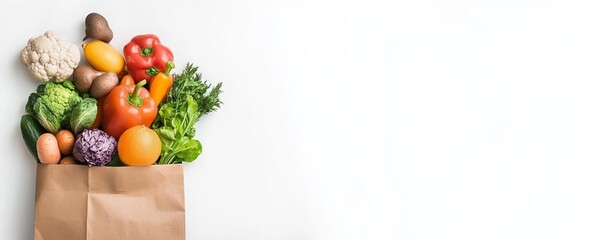 Paper bag filled with fresh fruits, vegetables, and healthy foods against a white background, perfect for promoting a healthy lifestyle and organic products.