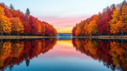 Autumn foliage reflecting on calm water