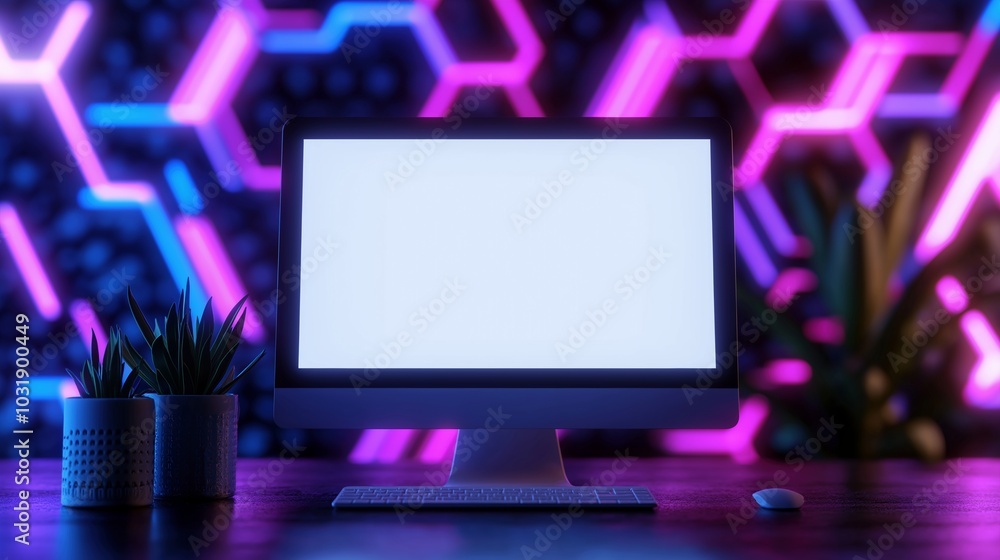 Poster futuristic workplace with powerful pc monitor mockup. corporate office with computer display templat