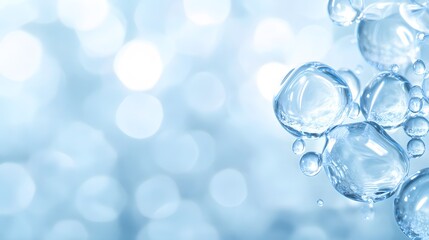 Transparent Water Droplets Floating on a Blue Background