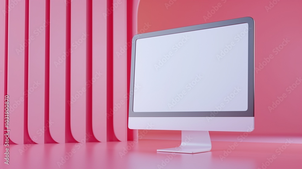 Poster glowing computer monitor mockup on pink backdrop. digital equipment with blank lcd screen template a