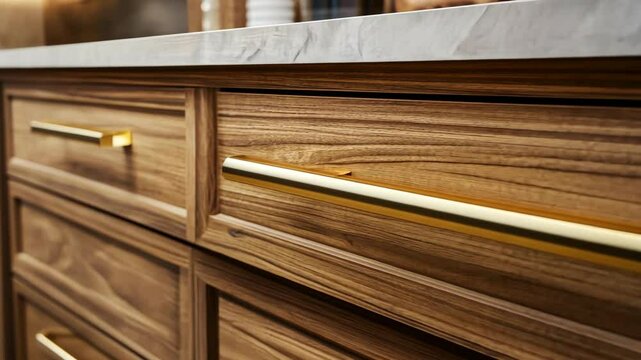 A close-up shot of a wooden drawer with a gold handle