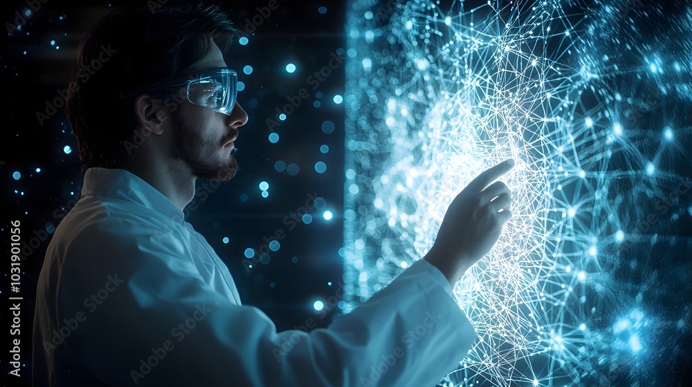 Poster scientist interacting with holographic quantum interface for secure communication