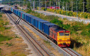 Naklejka premium freight Container train num 777 at Prachuap Khiri Khan
