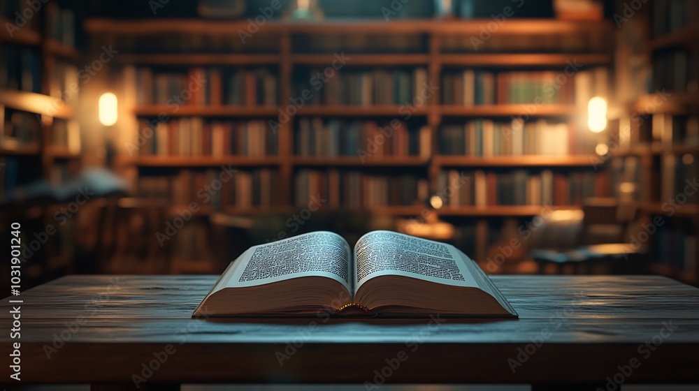 Aufkleber closeup 3d view of an open book on a wooden table in a quiet library with softly blurred bookshelves