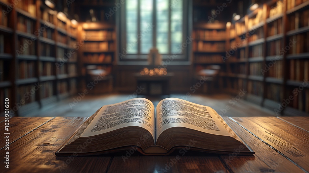 Poster closeup 3d view of an open book on a wooden table in a quiet library with softly blurred bookshelves