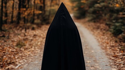  A figure clad in black stands on a forest path, surrounded by fallen foliage