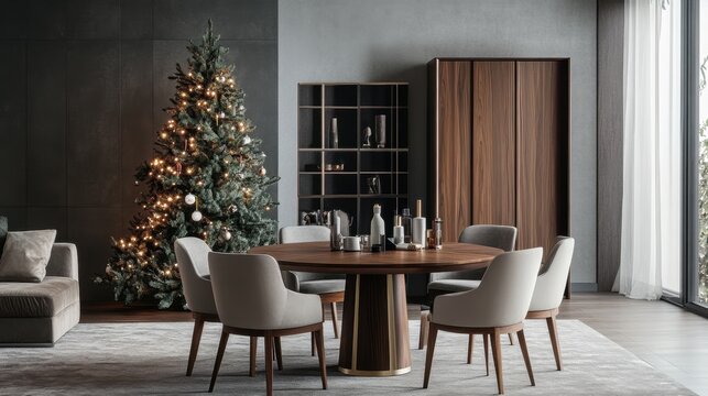 Modern Christmas Dining Room Interior with Festive Decorations
