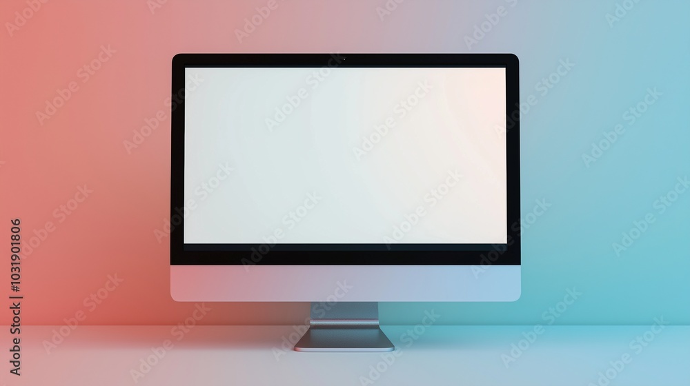 Poster mockup pc monitor in studio toned ping and green. computer display demonstration in store template a