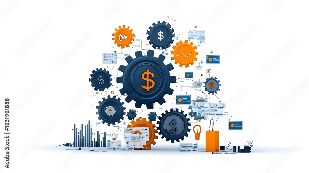 Aufkleber interlocking gears and currency symbols depicting the interconnected processes and mechanisms of fin