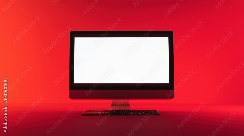 Poster glowing monitor mockup in red space. computer equipment presentation with display template advertisi