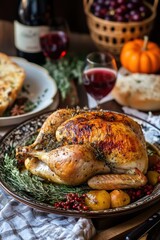 Autumn Roasted Chicken Feast Surrounded by Fallen Leaves. One-Pot Autumn Herb Roasted Chicken