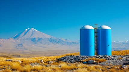 Obraz premium Interconnected recycled water storage tanks seamlessly integrated with irrigation systems showcasing a sustainable and eco friendly agricultural solution for water management and crop productivity