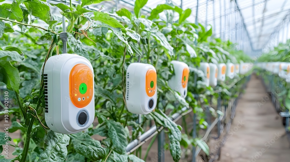 Fototapete internet of things iot humidity sensors installed inside a greenhouse for automated monitoring and o