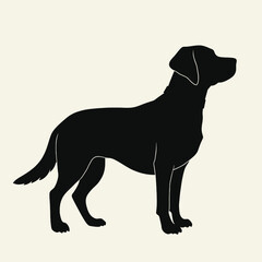 Fototapeta premium a black silhouette of a dog standing on a white background. The dog is facing towards the right side of the image and appears to be a Labrador Retriever 