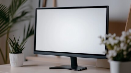Pc screen mockup with houseplants on desk. Modern office computer equipment with glowing display template advertising image. Digital device monitor mock up product photorealistic