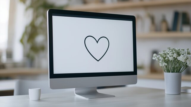 Computer display mockup with heart on desk. Modern pc with fresh flowers in home office template advertising image. Romantic design of device screen mock up product photorealistic