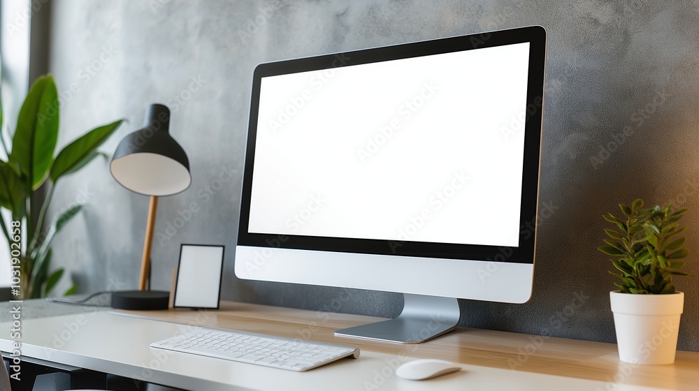 Aufkleber home workplace with modern pc display mockup. computer on desk with arranged office essentials templ