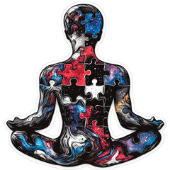 Fototapeta premium Serene Yoga Pose with Vibrant Abstract Puzzle Design