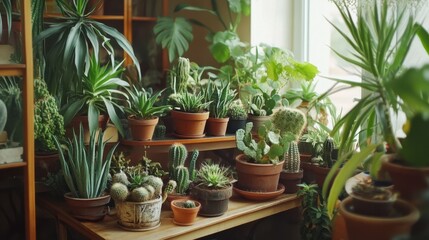 Indoor Garden Oasis with Lush Potted Plants and Cacti