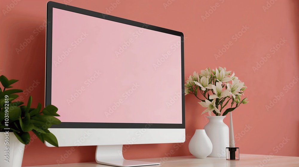 Poster modern computer display mockup with floral elements. business digital technology in workplace templa