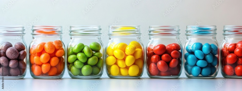 Poster vibrant display of uniform glass jars brimming with an array of colorful candies, creating a delight