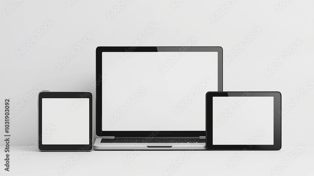 Poster computer and tablets mockup screens on white backdrop. connecting personal devices for data exchange