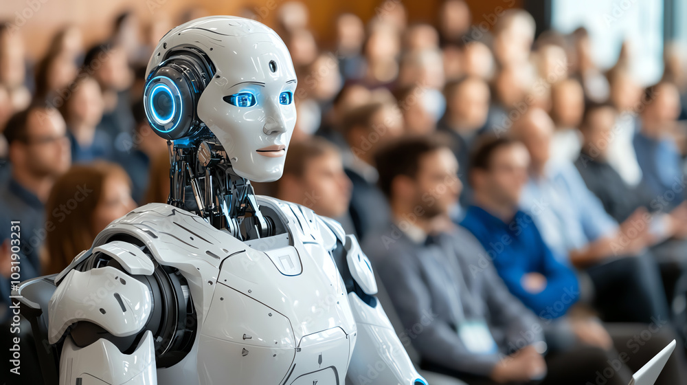Poster a front view of a humanoid robot giving a presentation at a tech conference, with a large audience w