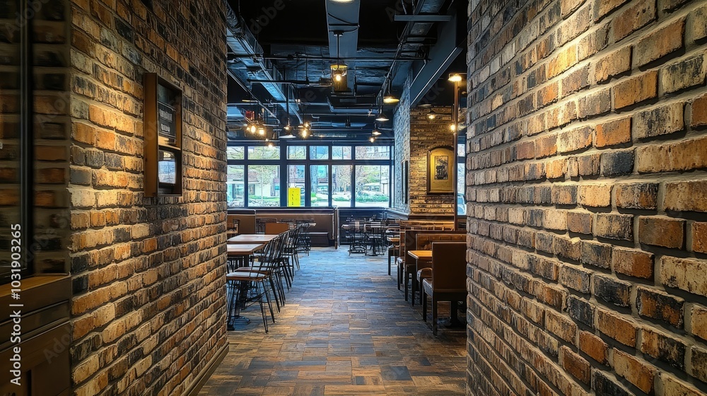 Poster empty restaurant with brick walls and large windows is waiting for customers