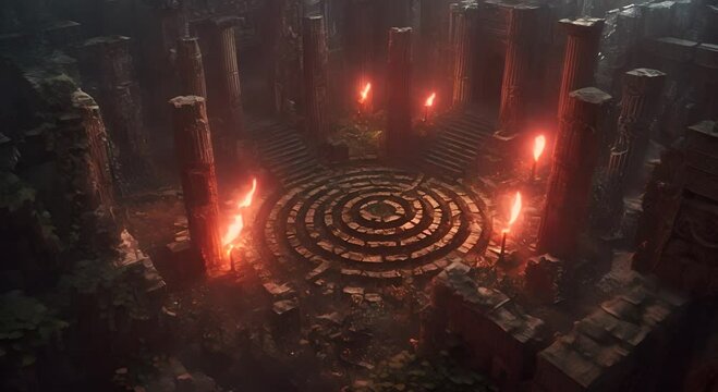 Mysterious stone labyrinth within temple-like structure, shrouded in overgrown greenery and illuminated by dimly lit torches. Massive columns surrounding maze with steps leading down into hidden place